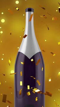 Animation of confetti falling over bottle of champagne on yellow background