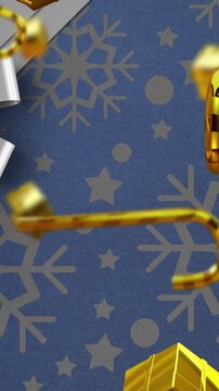 Animation of candy canes and gifts christmas decorations on blue background