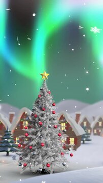 Animation of snow falling and aurora borealis in christmas winter scenery background