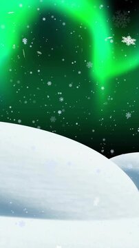 Animation of snow falling and aurora borealis in christmas winter scenery background