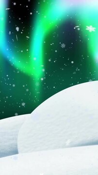 Animation of snow falling and aurora borealis in christmas winter scenery background