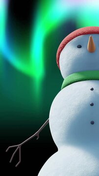 Animation of christmas snow man moving over aurora borealis on black background