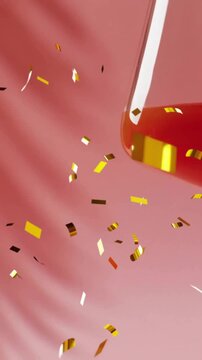 Animation of confetti falling and cocktail on pink background