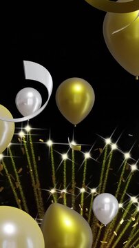 Animation of gold and silver balloons with fireworks on black background