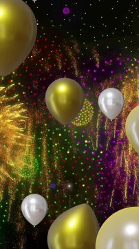 Animation of gold and silver balloons with fireworks on black background