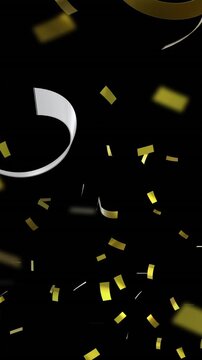 Animation of party streamers and confetti on black background