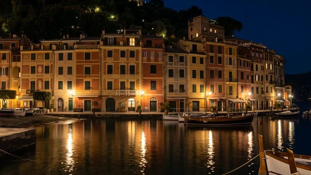 portofino italy harbor close up at night light with reflections video
