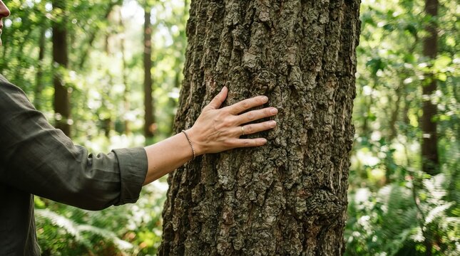 A close up of a woman hand resting on the textured bark of a large ancient tree in forest area.