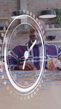 Animation of clock over diverse senior people doing puzzles