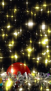 Animation of glowing lights and christmas baubles on black background