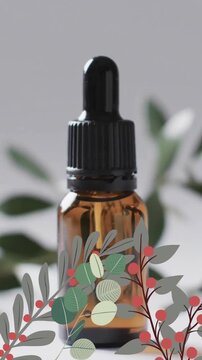 Animation of frame of flowers with brown bottle and copy space over white background