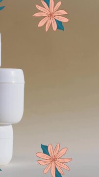 Animation of frame of flowers with stack of white tubs and copy space over brown background
