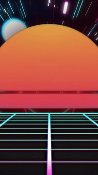 Animation of video game screen with neon metaverse patten on black background