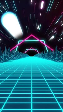 Animation of video game screen with neon patten on black background