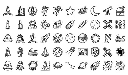 Rocket astronaut and space exploration outline icons editable stroke vector set © Aslam