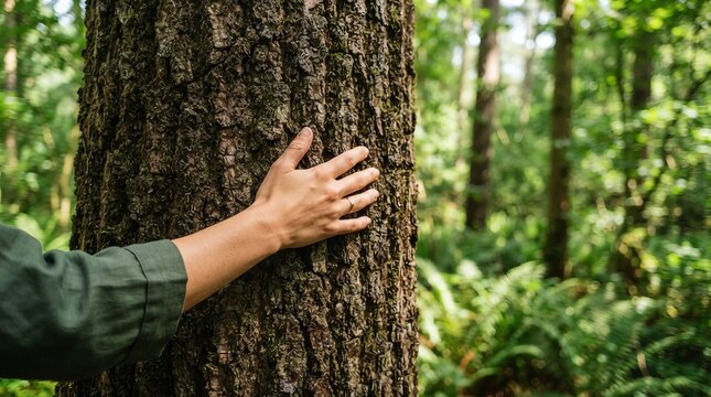 A person gently touching the rough bark of a tree while exploring a tranquil forest environment