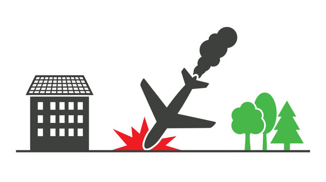 Airplane crash icon showing a plane falling near a building and trees on white background