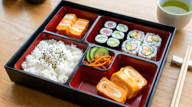 Japanese bento lunch box with sushi and rice illustration