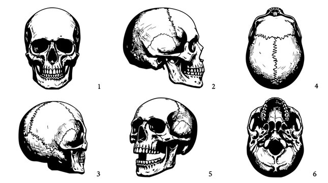 Skull set with anatomical diagrams featuring front view, side view, and top view with detailed line work and monochrome illustration
