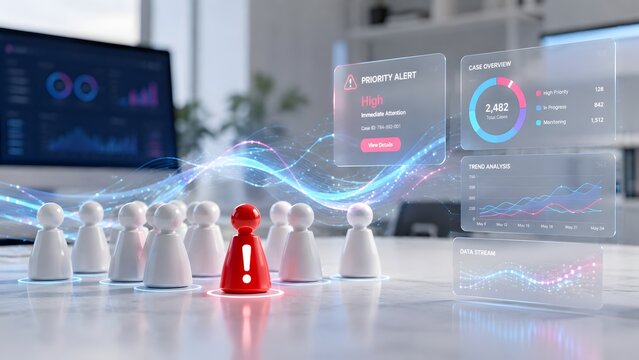 Red anomaly figure in group of white pawns with floating priority alert dashboards representing corporate risk management and data trend analysis
