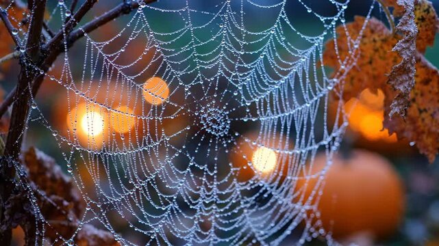 Intricate spiderweb adorned with shimmering morning dew, delicately spun amidst warm autumn leaves and glowing lights, evoking the mystical and crisp essence of a beautiful fall evening