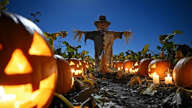 Spooky scarecrow in a Halloween pumpkin patch illuminated by glowing jack-o-lanterns at night
