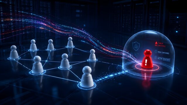 Red threat figure isolated in glowing containment shield within digital network representing cybersecurity incident response and risk management