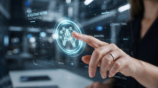Hand interacting with AI assistant active transparent glass touchscreen interface in high tech office