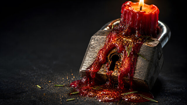 Lit red candle melting wax over a vintage metal padlock on a textured dark surface representing secrecy security and hidden mysteries