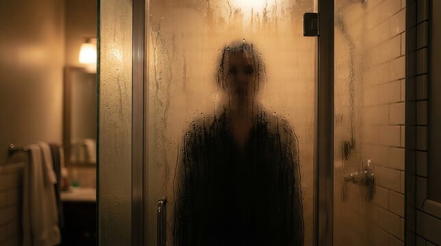 Unsettling silhouette of a person standing behind misty and wet glass door texture inside a sauna.