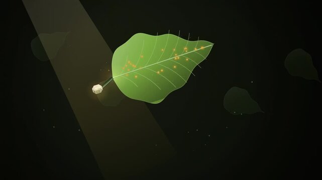 Abstract animated maple leaf photosynthesising drawn as green and teal lines and shapes on a deep dark background. Seamless looping 4K motion graphics video with free space for text, ideal for technol