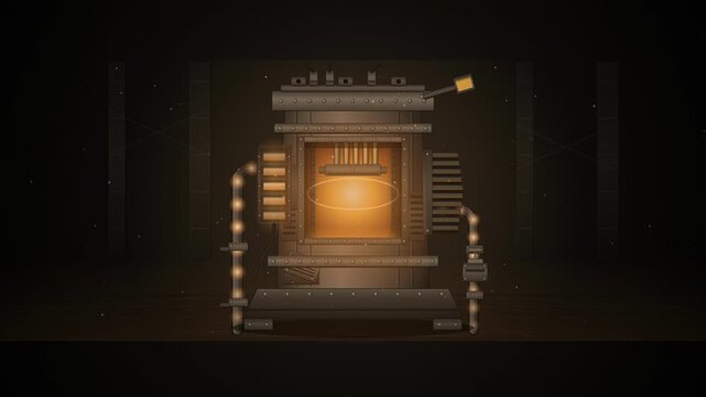 Abstract animated reactor core drawn as amber and orange lines and shapes on a deep dark background. Seamless looping 4K motion graphics video with free space for text, ideal for industry explainers, 