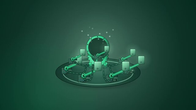 Abstract animated consensus validators voting drawn as green and teal lines and shapes on a deep dark background. Seamless looping 4K motion graphics video with free space for text, ideal for technolo