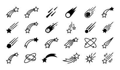 Shooting stars comets and meteor trajectory vector icon set © Chhalaha