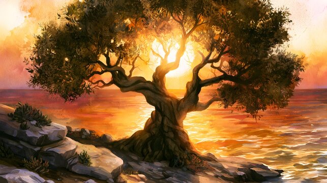 Watercolor painting of an ancient olive tree on a rocky coast at sunset with glowing golden hues
