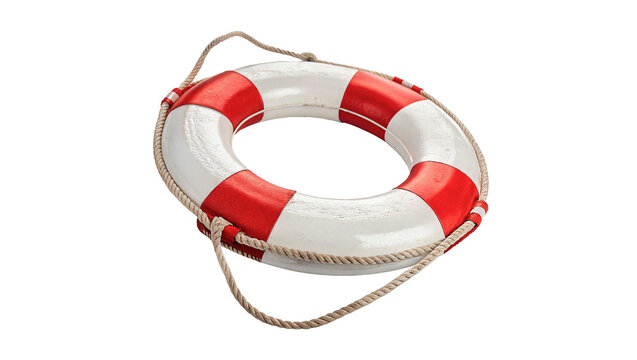 Red and white striped rescue lifebuoy ring isolated on transparent background