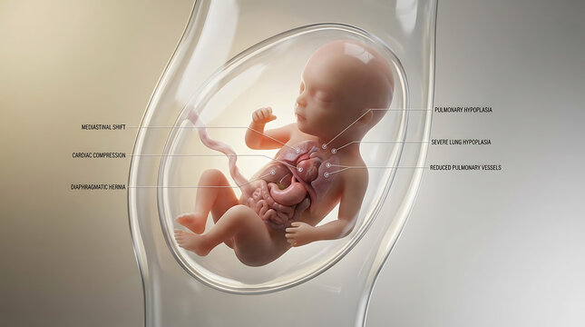 Transparent Severe Congenital Diaphragmatic Hernia with Herniated Abdominal Organs into Thoracic Cavity Severe Pulmonary Hypoplasia Cardiac Compression Mediastinal Shift