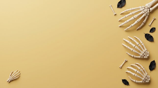 Top view of decorative skeleton hands and dark leaves arranged on a solid light brown background
