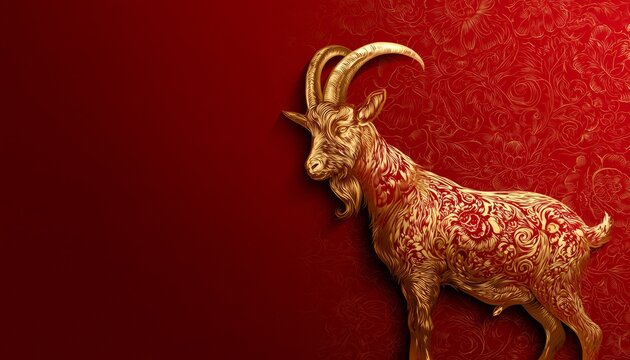 Luxury Red and Gold Chinese Zodiac Goat Sculpture Background with 
Copy Space for Chinese New Year 2027 Celebration