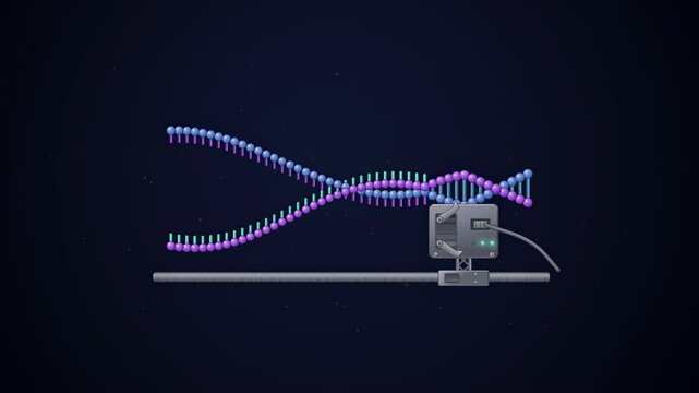 Abstract animated DNA replication unwinding drawn as blue and cyan lines and shapes on a deep dark background. Seamless looping 4K motion graphics video with free space for text, ideal for science com