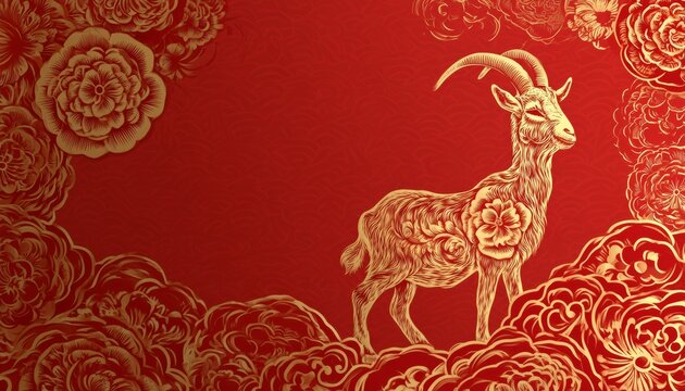 Luxury Red and Gold Chinese Zodiac Goat Sculpture Background with 
Copy Space for Chinese New Year 2027 Celebration