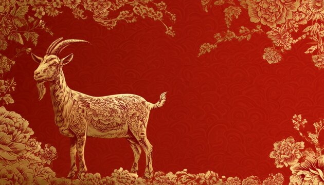 Luxury Red and Gold Chinese Zodiac Goat Sculpture Background with 
Copy Space for Chinese New Year 2027 Celebration