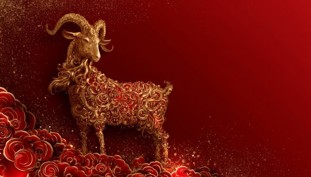 Luxury Red and Gold Chinese Zodiac Goat Sculpture Background with 
Copy Space for Chinese New Year 2027 Celebration