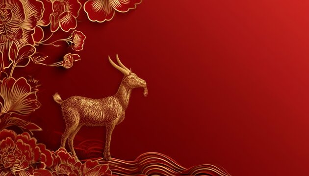 Luxury Red and Gold Chinese Zodiac Goat Sculpture Background with 
Copy Space for Chinese New Year 2027 Celebration