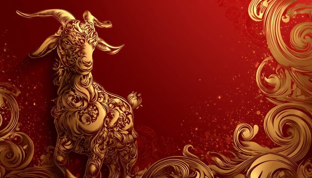 Luxury Red and Gold Chinese Zodiac Goat Sculpture Background with 
Copy Space for Chinese New Year 2027 Celebration