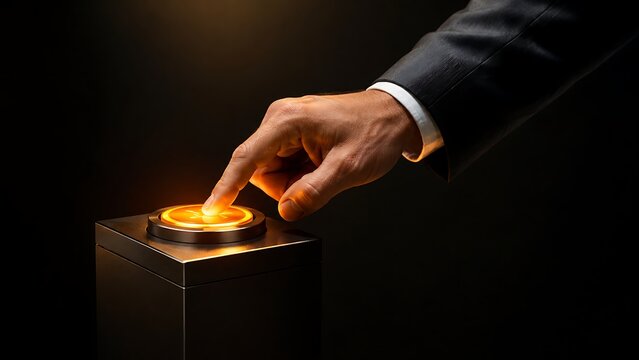 Business Professional Pressing Glowing Golden Start Button