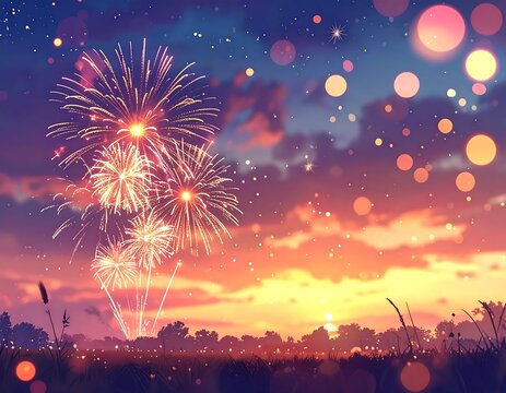 Stunning fireworks display against a beautiful sunset sky with glowing bokeh lights.