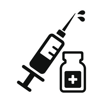 Black syringe and medicine vial icon representing a medical vaccination or injection procedure for healthcare and clinical use