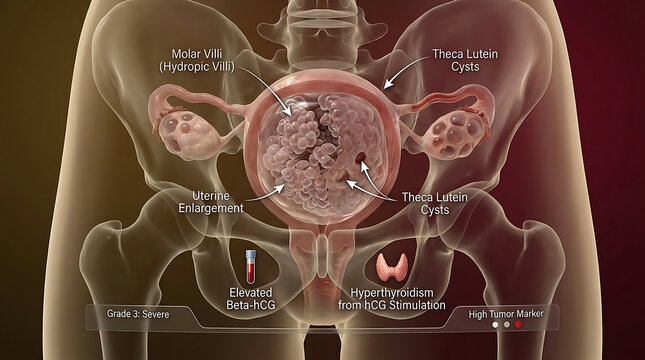 Transparent Severe Hydatidiform Mole with Cystic Villous Degeneration Trophoblastic Proliferation Uterine Enlargement Theca Lutein Cysts Elevated Beta-hCG Pathology