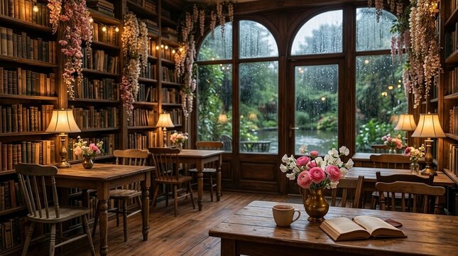 Cozy vintage library cafe interior with wooden bookshelves tables and rainy window view